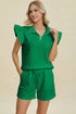 Double Take Full Size Texture Flounce Sleeve Top and Shorts Set Green - Fashorio