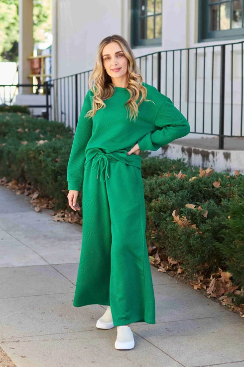 Double Take Full Size Textured Long Sleeve Top and Drawstring Pants Set Green - Fashorio