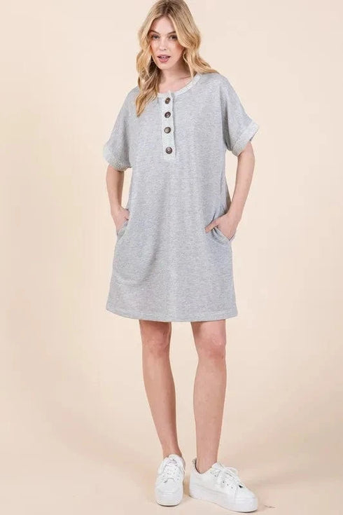 BOMBOM Casual Contrast Trim Henley Dress GREY - Fashorio