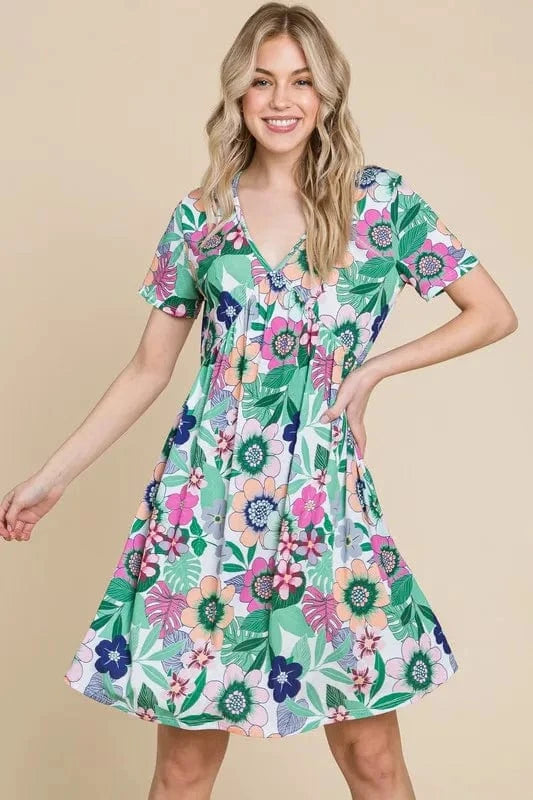 BOMBOM Ruched Floral V-Neck Short Sleeve Dress Gum Leaf - Fashorio