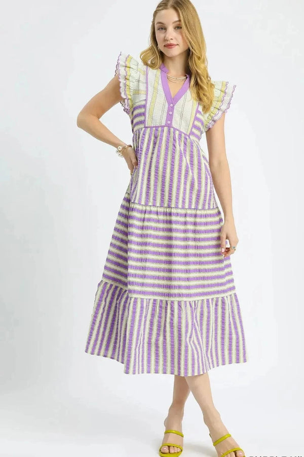 Umgee Striped Ruffle Cap Sleeve Midi Dress Heliotrope Purple - Fashorio