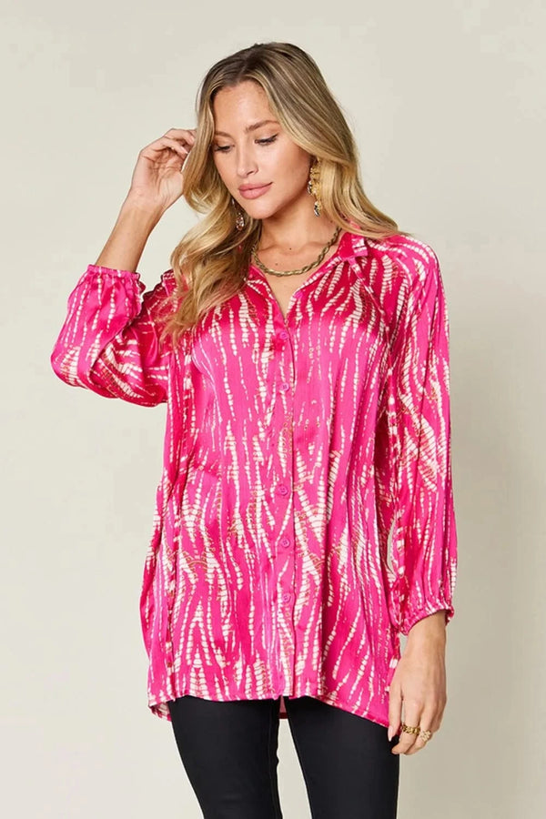 Double Take Full Size Printed Button Up Long Sleeve Shirt Hot Pink - Fashorio