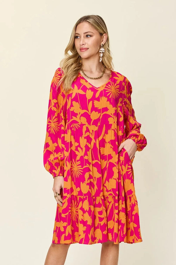 Double Take Full Size Printed Ruffle Hem Dress with Pocket Hot Pink - Fashorio