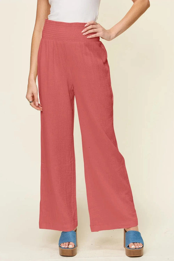 Double Take Full Size Texture Smocked Waist Wide Leg Pants Hot Pink - Fashorio