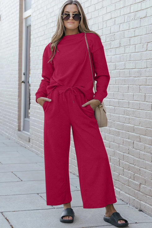Double Take Full Size Textured Long Sleeve Top and Drawstring Pants Set Hot Pink - Fashorio
