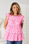 Double Take Leopard Round Neck Tiered Blouse Hot Pink - Fashorio