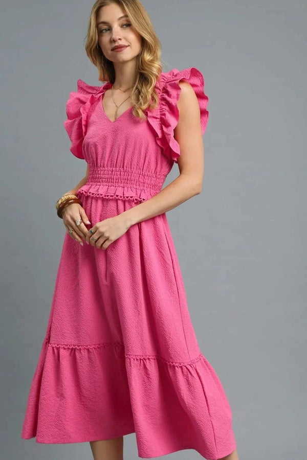 Umgee V-Neck Ruffled Cap Sleeve Midi Dress Hot Pink - Fashorio