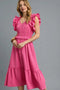 Umgee V-Neck Ruffled Cap Sleeve Midi Dress Hot Pink - Fashorio
