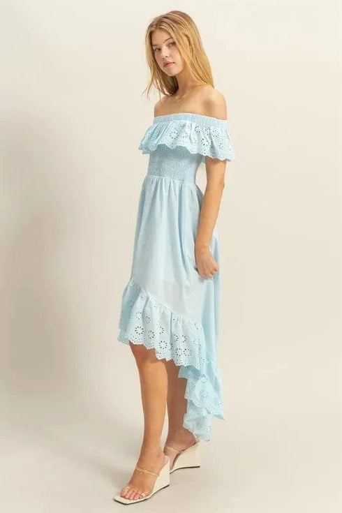 HYFVE High-Low Eyelet Ruffled Off-Shoulder Dress - Fashorio