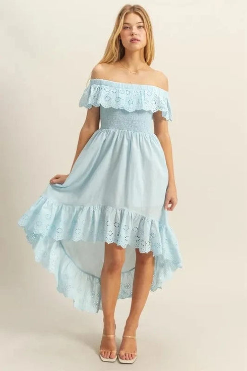 HYFVE High-Low Eyelet Ruffled Off-Shoulder Dress - Fashorio