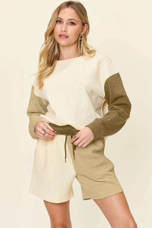 Double Take Full Size Contrast Drop Shoulder Top and Shorts Set Khaki - Fashorio