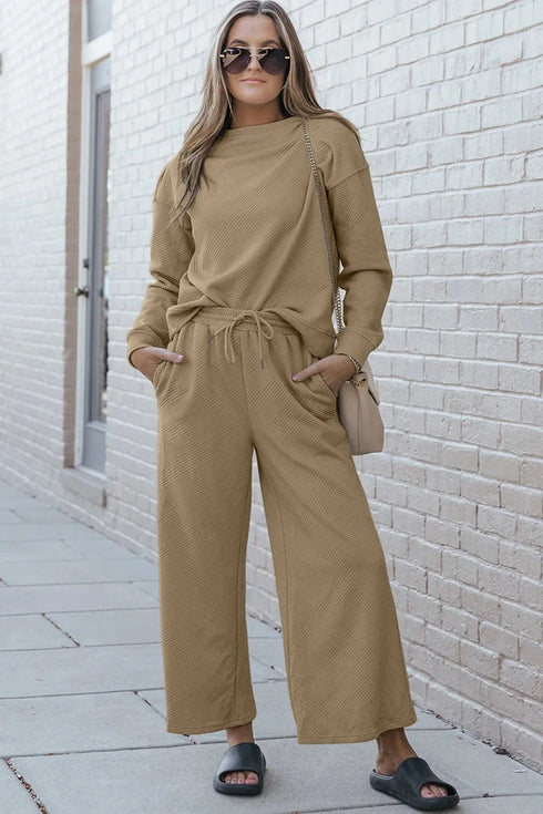 Double Take Full Size Textured Long Sleeve Top and Drawstring Pants Set Khaki - Fashorio