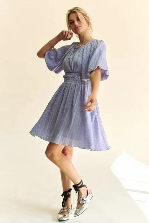 Davi & Dani Back Button Puff Sleeve Mini Dress Lavender - Fashorio