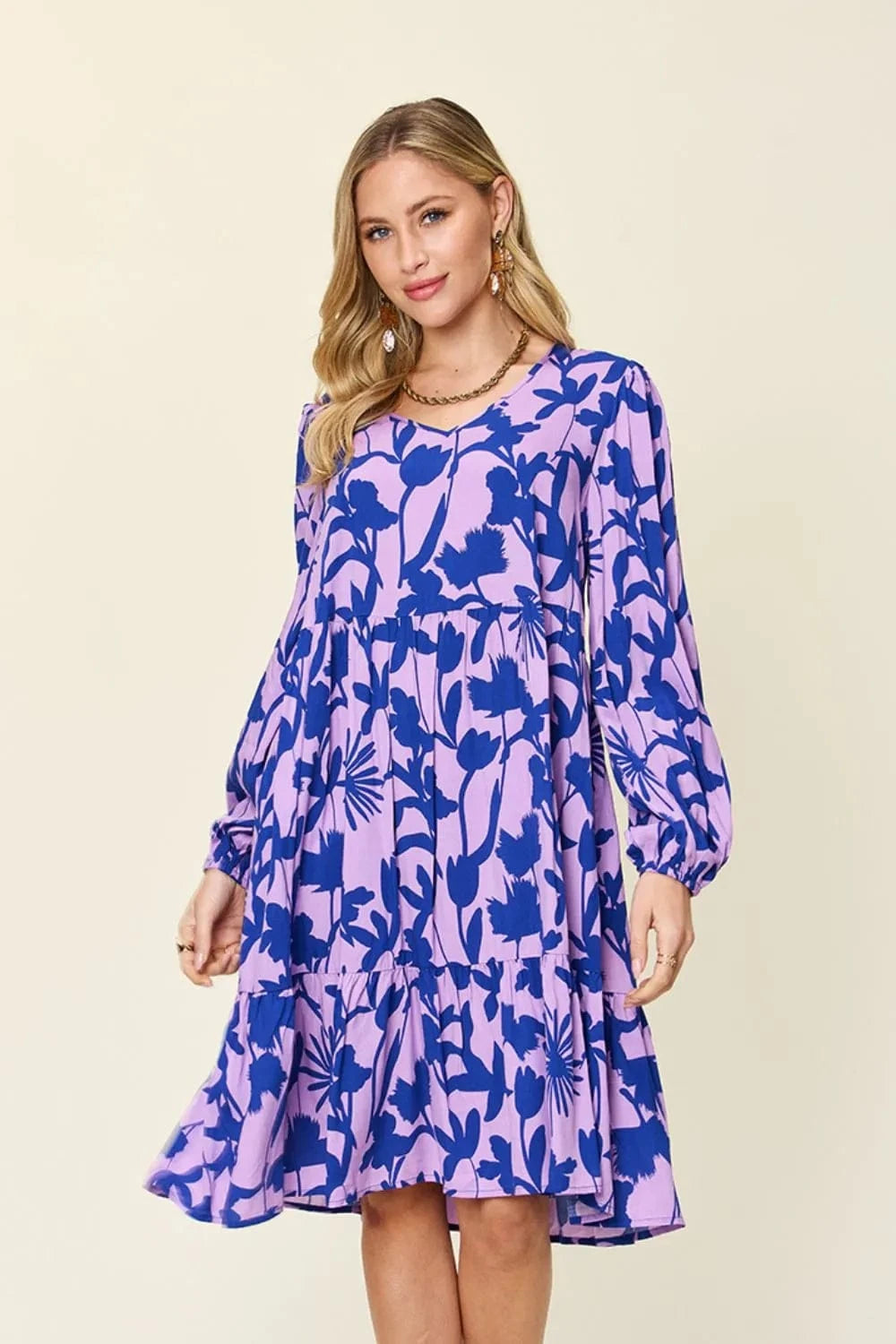 Double Take Full Size Printed Ruffle Hem Dress with Pocket Lavender - Fashorio