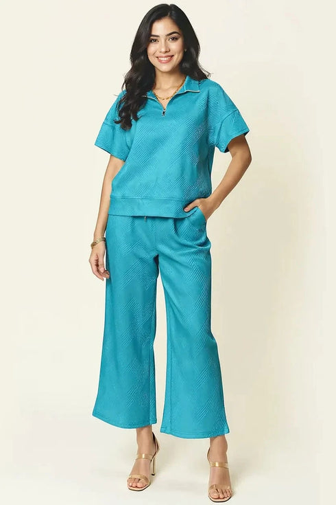 Double Take Full Size Texture Half Zip Short Sleeve Top and Pants Set Light Blue - Fashorio