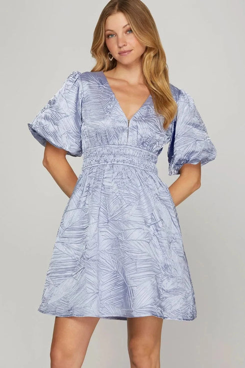 She + Sky Crinkle Woven V-Neck Balloon Sleeve Mini Dress Light Blue - Fashorio