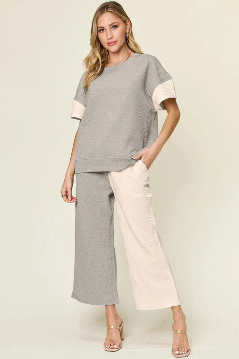 Double Take Full Size Texture Contrast T-Shirt and Wide Leg Pants Set Light Gray - Fashorio