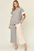 Double Take Full Size Texture Contrast T-Shirt and Wide Leg Pants Set Light Gray - Fashorio
