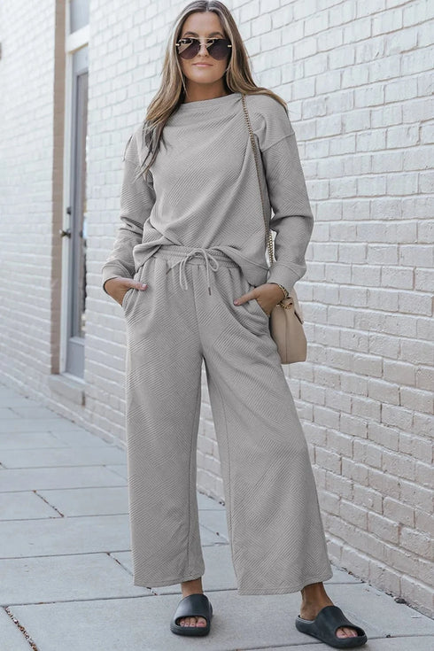 Double Take Full Size Textured Long Sleeve Top and Drawstring Pants Set Light Gray - Fashorio