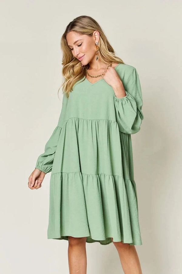 Double Take Full Size V-Neck Balloon Sleeve Tiered Dress with Pockets Light Green - Fashorio