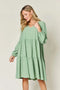 Double Take Full Size V-Neck Balloon Sleeve Tiered Dress with Pockets Light Green - Fashorio