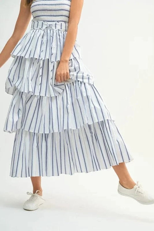 MABLE Pin Stripe Smocked Bodice Layered Midi Dress - Fashorio