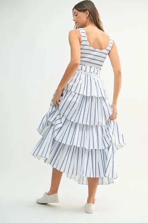 MABLE Pin Stripe Smocked Bodice Layered Midi Dress - Fashorio