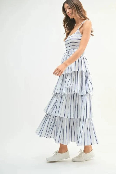 MABLE Pin Stripe Smocked Bodice Layered Midi Dress - Fashorio