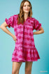 Umgee Heart Pattern Short Sleeve Ruffle Babydoll Dress MAGENTA - Fashorio