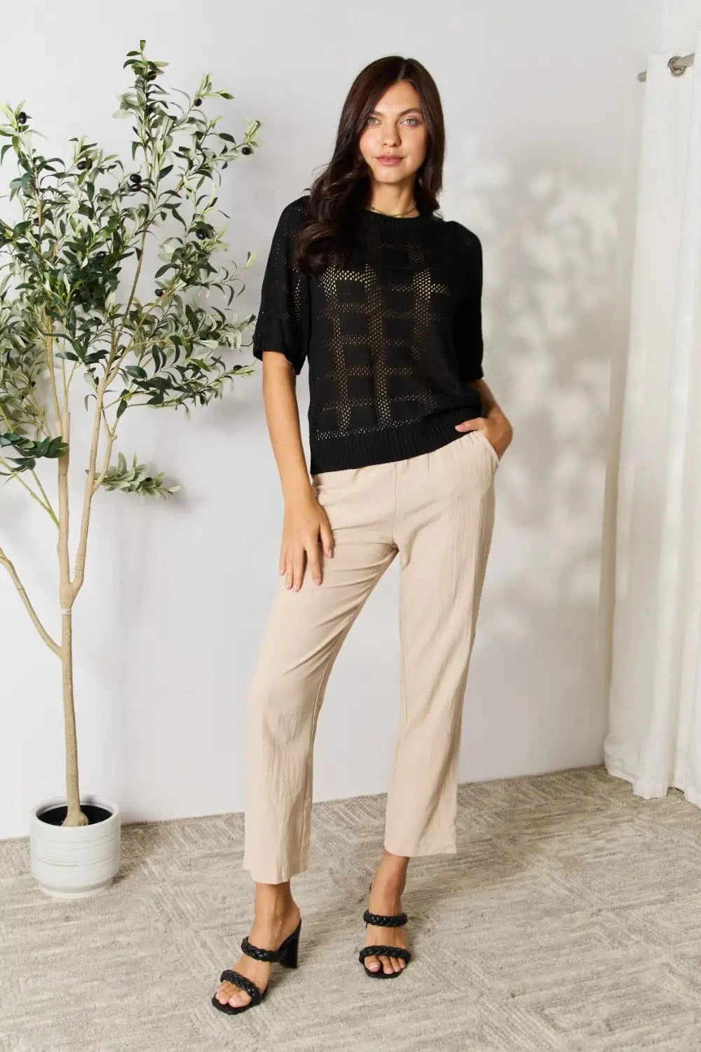 Mandy Ribbed Trim Round Neck Knit Top - Fashorio
