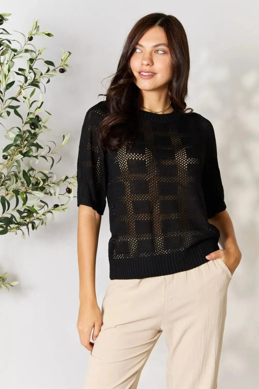 Mandy Ribbed Trim Round Neck Knit Top - Fashorio