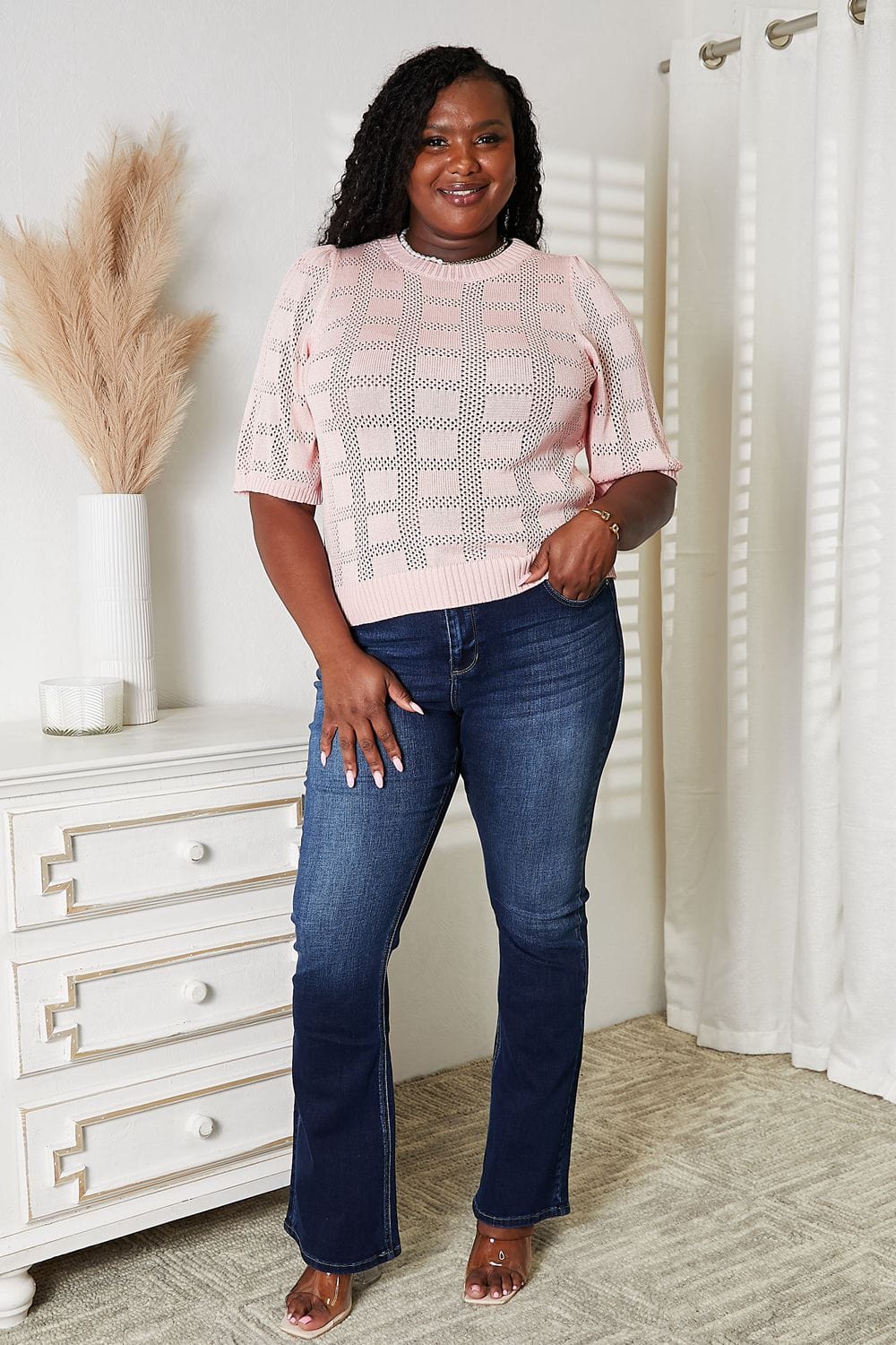Mandy Ribbed Trim Round Neck Knit Top - Fashorio