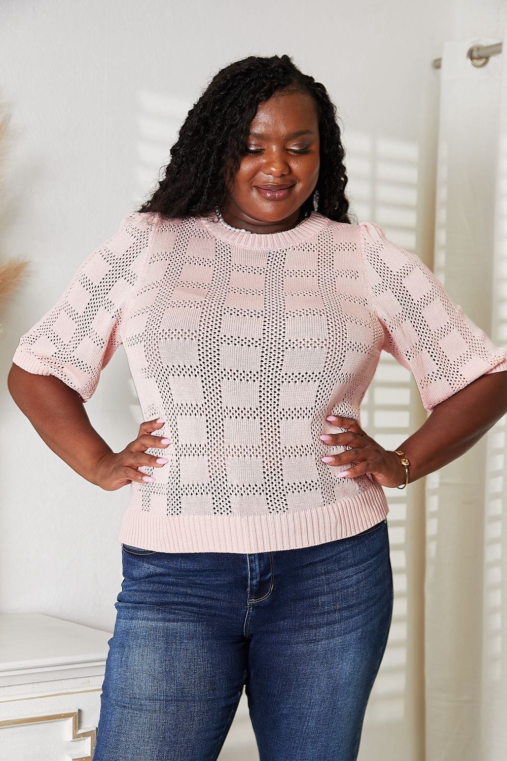 Mandy Ribbed Trim Round Neck Knit Top - Fashorio