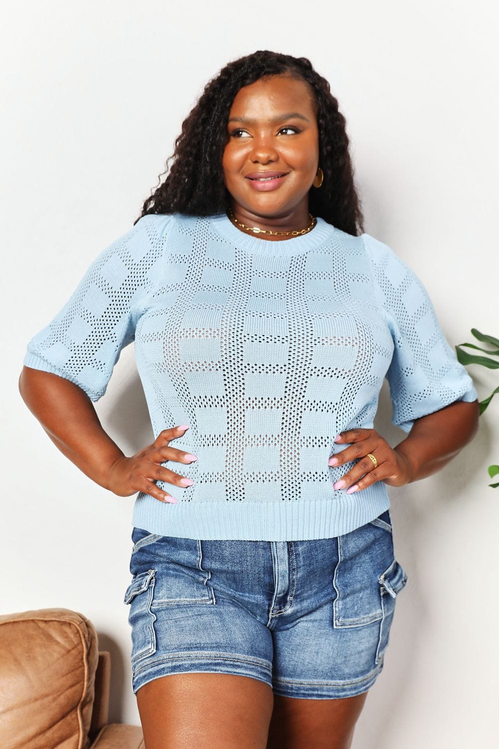 Mandy Ribbed Trim Round Neck Knit Top - Fashorio