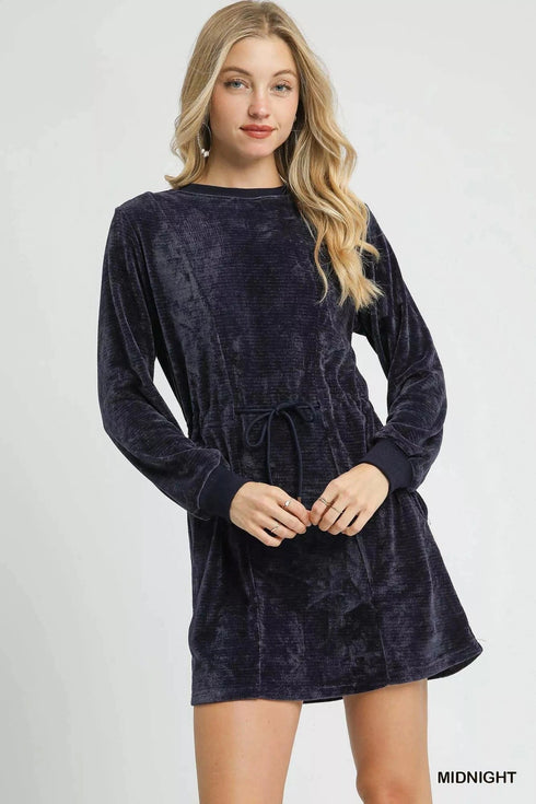 Umgee Velour Drawstring Mini Dress with Long Sleeves MIDNIGHT - Fashorio