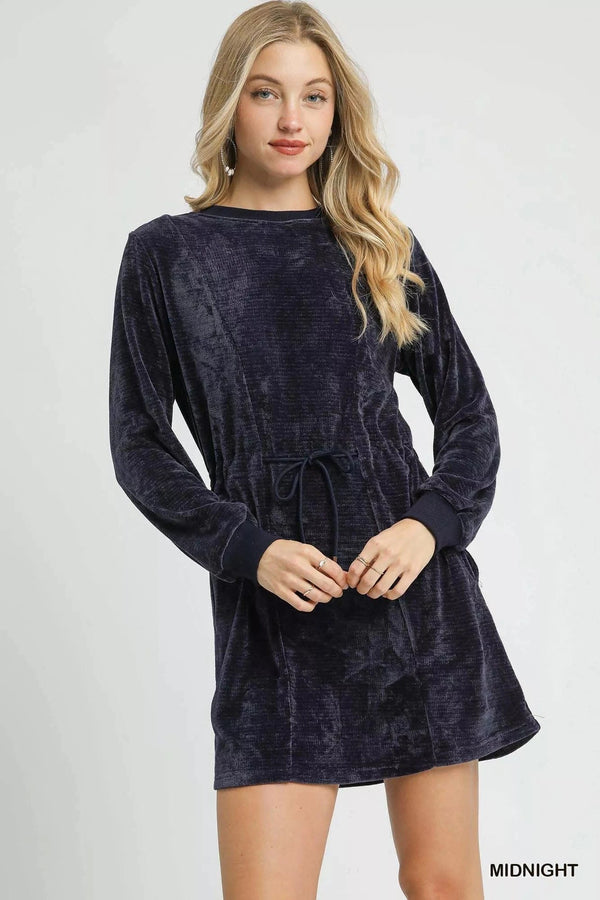 Umgee Velour Drawstring Mini Dress with Long Sleeves MIDNIGHT - Fashorio