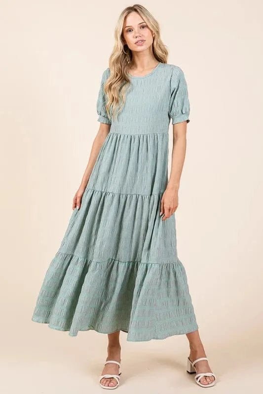 BOMBOM Textured Short Sleeve Tiered Dress MINT - Fashorio