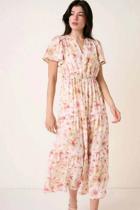 Mittoshop Flower Print Flutter Sleeve V Slit Maxi Dress - Fashorio