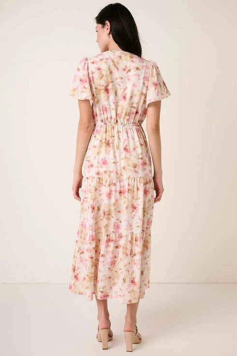 Mittoshop Flower Print Flutter Sleeve V Slit Maxi Dress - Fashorio