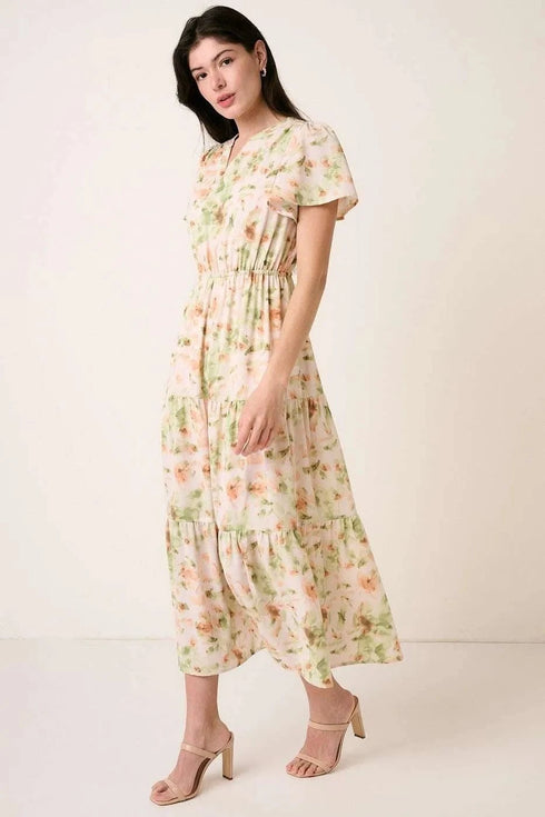 Mittoshop Flower Print Flutter Sleeve V Slit Maxi Dress - Fashorio