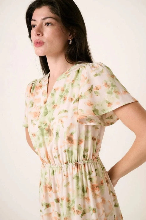 Mittoshop Flower Print Flutter Sleeve V Slit Maxi Dress - Fashorio