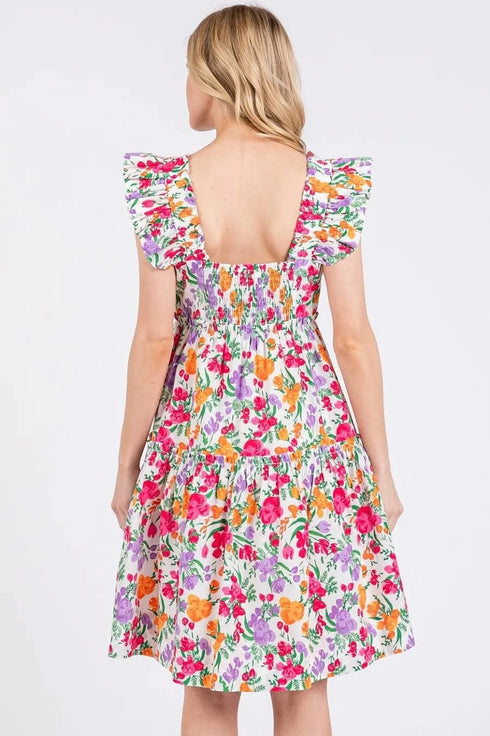 Mittoshop Flower Print Ruffle Shoulder A-line Mini Dress - Fashorio
