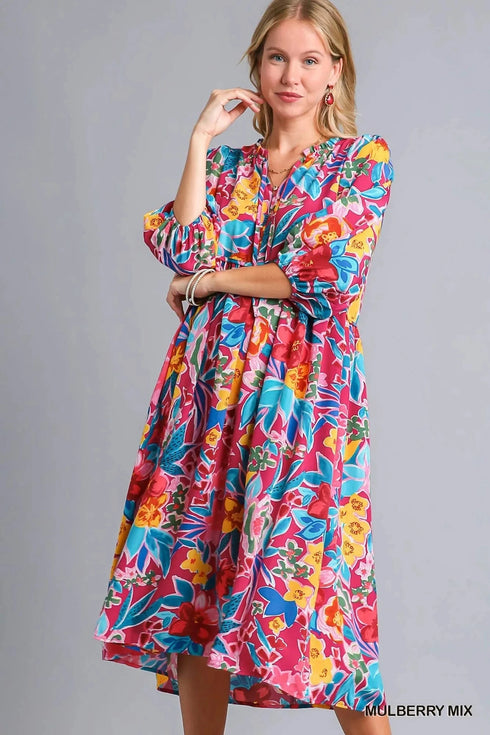 Umgee Full Size Floral Print Tie Neck Midi Dress with Pockets Plus Size MULBERRY MIX - Fashorio