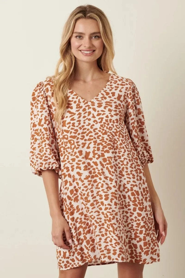 Mittoshop Animal Print Puff Sleeve Mini Dress MUSTARD - Fashorio
