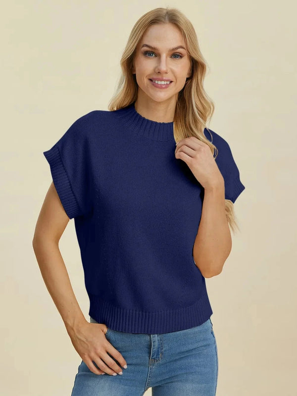 Double Take Full Size Mock Neck Short Sleeve Sweater Navy - Fashorio