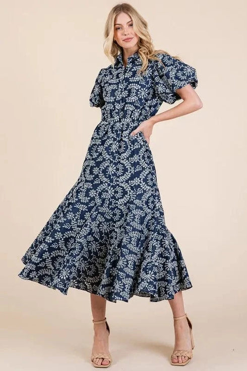 GeeGee Natural Leaf Pattern Eyelet Lace Puff Sleeve Dress Navy - Fashorio
