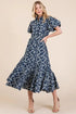 GeeGee Natural Leaf Pattern Eyelet Lace Puff Sleeve Dress Navy - Fashorio