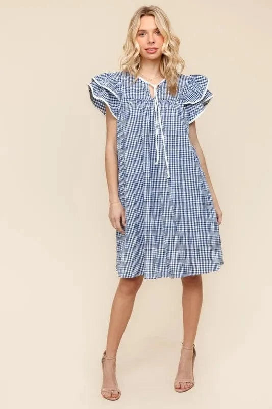 Haptics Double Ruffle Sleeve Dress with Side Pockets Navy - Fashorio