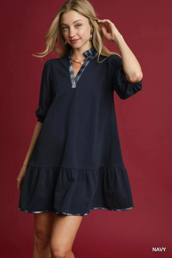 Umgee French Terry Ruffle Hem Dress with Plaid Trim Navy - Fashorio