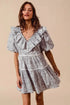 SO ME Cotton Printed Ruffle V Neckline Dress with Side Tie OFF WHITE NAVY - Fashorio